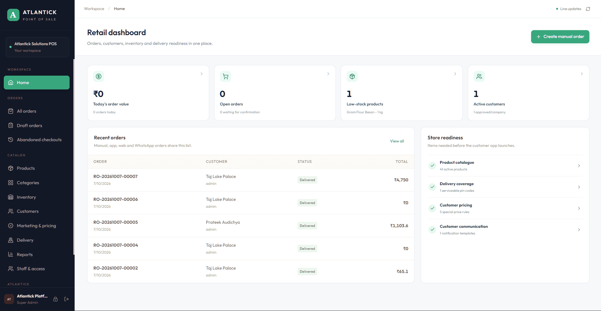 Retail Store POS dashboard with recent orders, low-stock products and store readiness